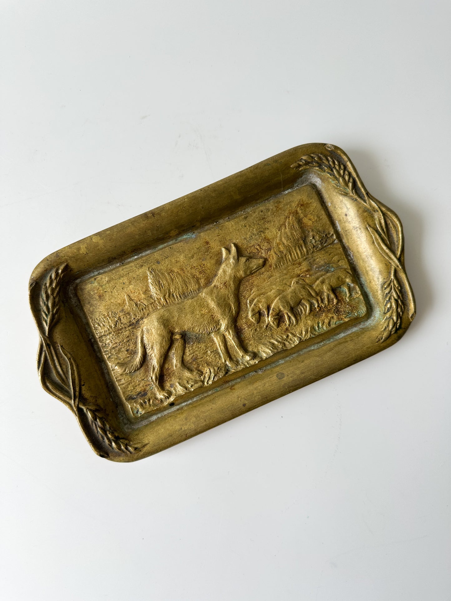 Antique Brass Tray with Dog and Sheep