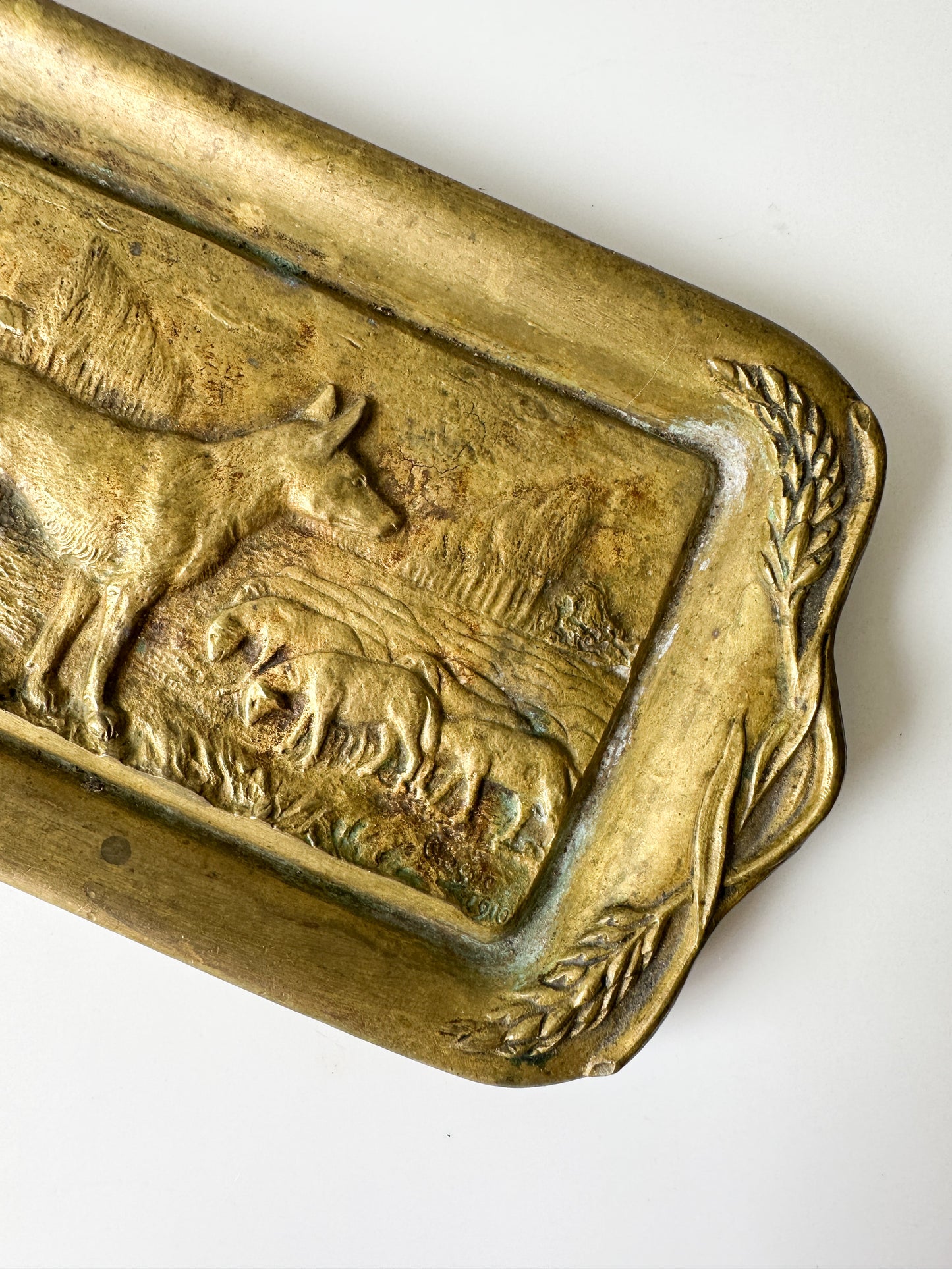 Antique Brass Tray with Dog and Sheep