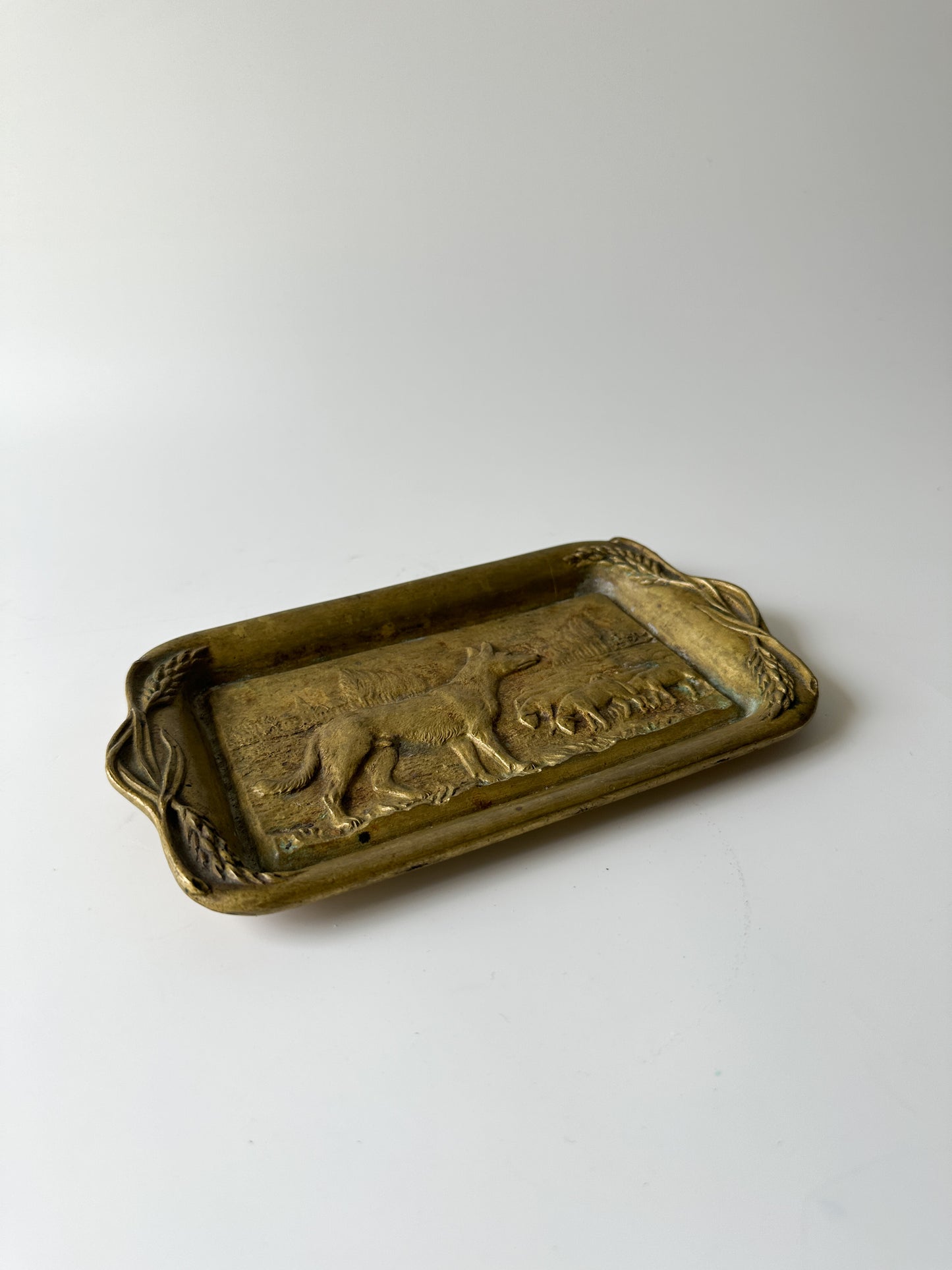 Antique Brass Tray with Dog and Sheep