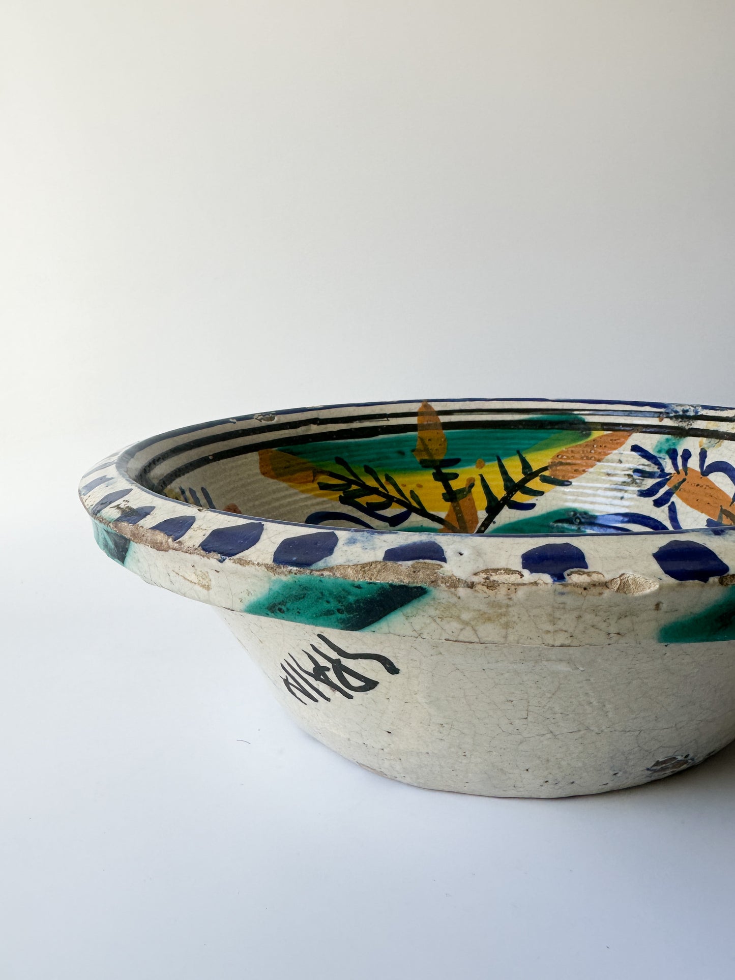 Vintage Blue and White Hand-Painted Earthenware Bowl from Spain