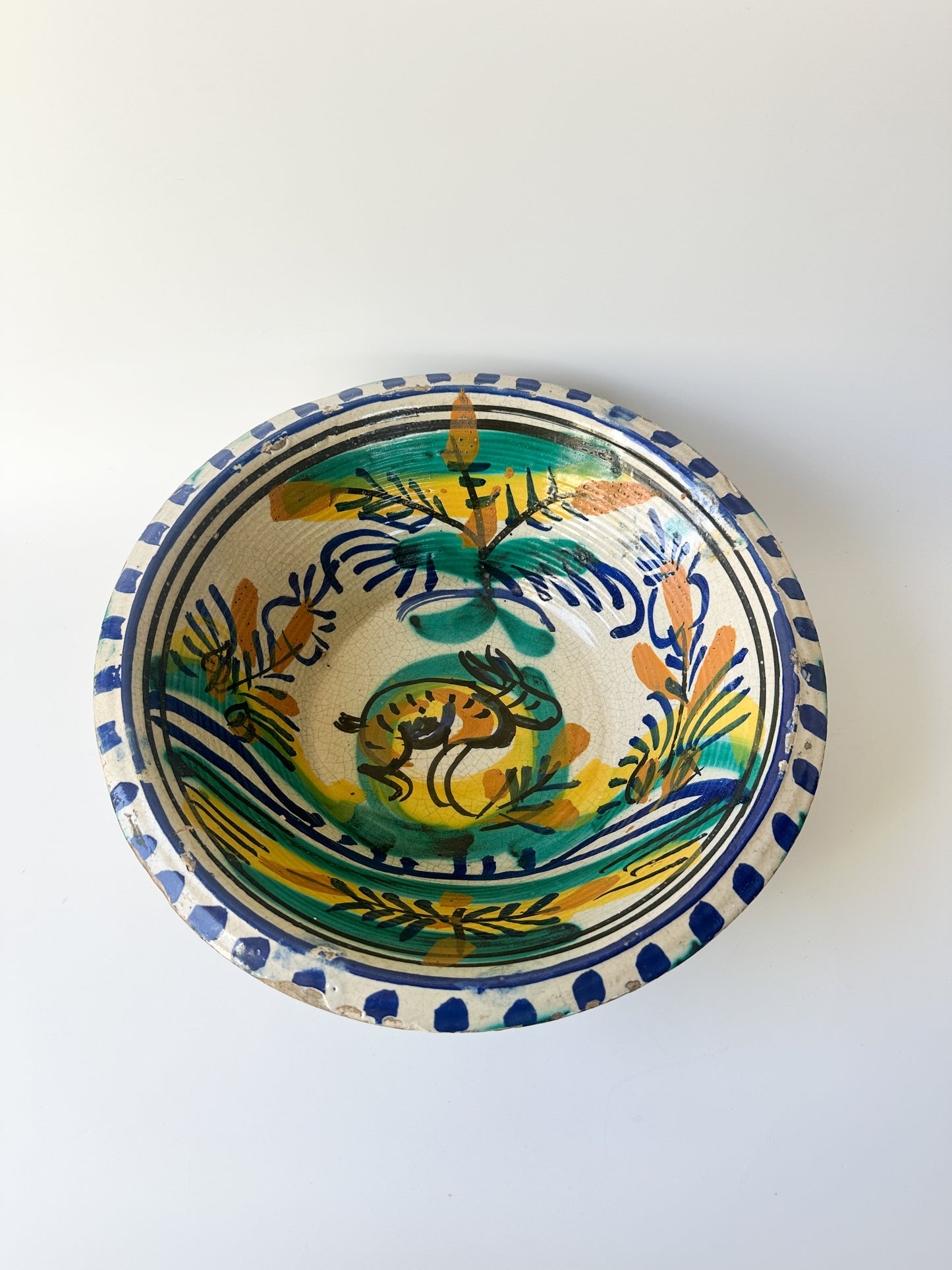 Vintage Blue and White Hand-Painted Earthenware Bowl from Spain