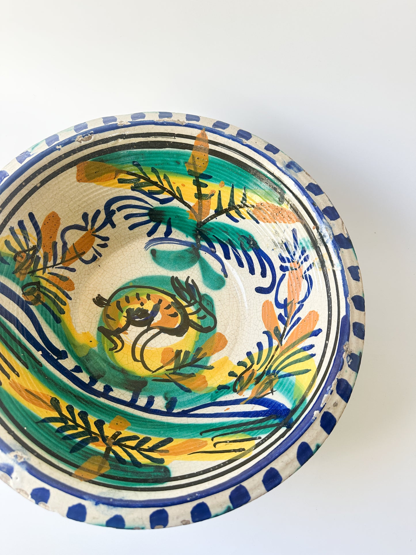Vintage Blue and White Hand-Painted Earthenware Bowl from Spain