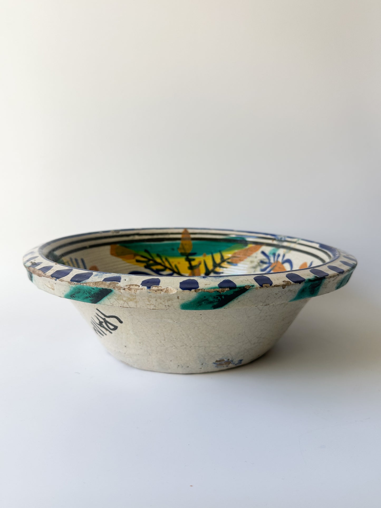 Vintage Blue and White Hand-Painted Earthenware Bowl from Spain