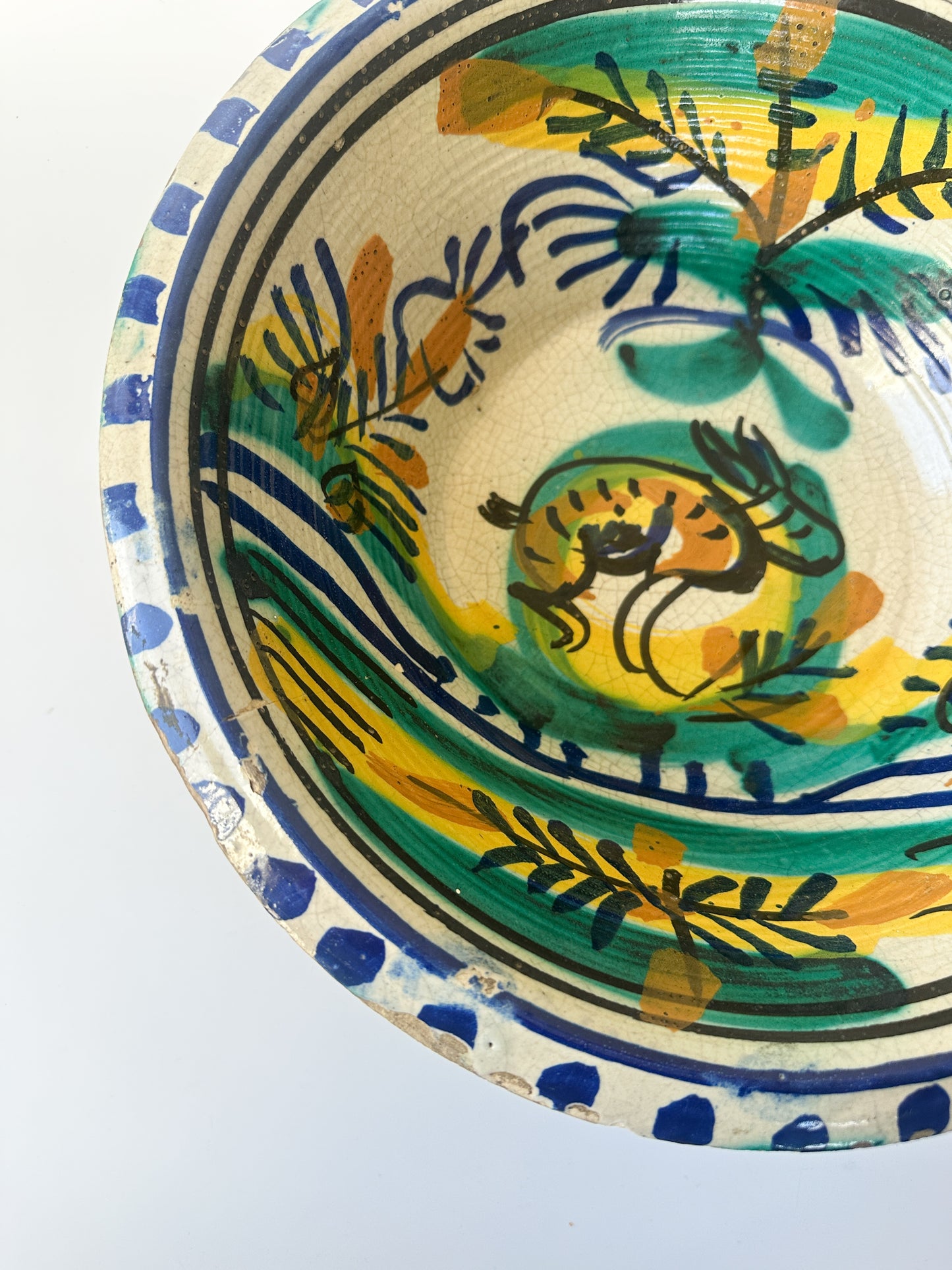 Vintage Blue and White Hand-Painted Earthenware Bowl from Spain